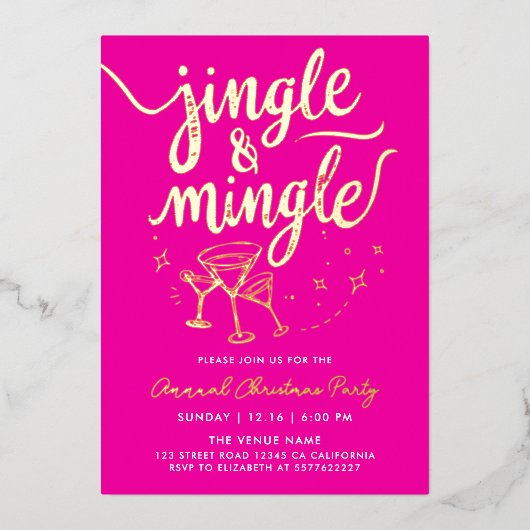 Trendy Fun Fuchsia Kerstfeest Cocktail Script Folie Uitnodiging (Voorkant)
