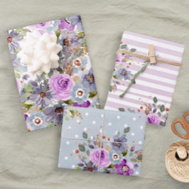 Trendy Fun Girly Pink Blue Paars Floral Stripe Inpakpapier Vel
