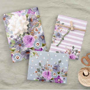 Trendy Fun Girly Pink Blue Paars Floral Stripe Inpakpapier Vel