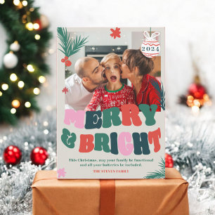 Trendy Fun Merry & Bright retro kerstfoto Feestdagenkaart