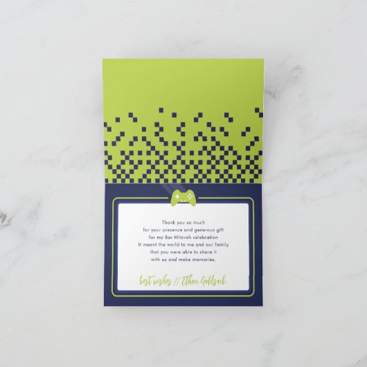 TRENDY GAMING Bar Mitzvah marineblauw limoen Bedankkaart (Binnen)
