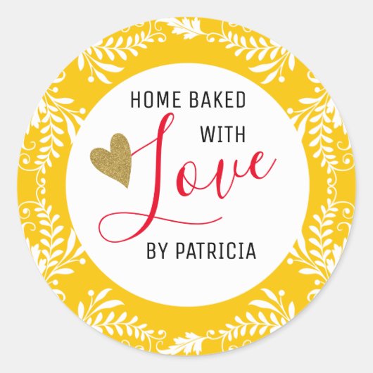 Trendy gebakken met liefde geel en wit ronde sticker (Voorkant)
