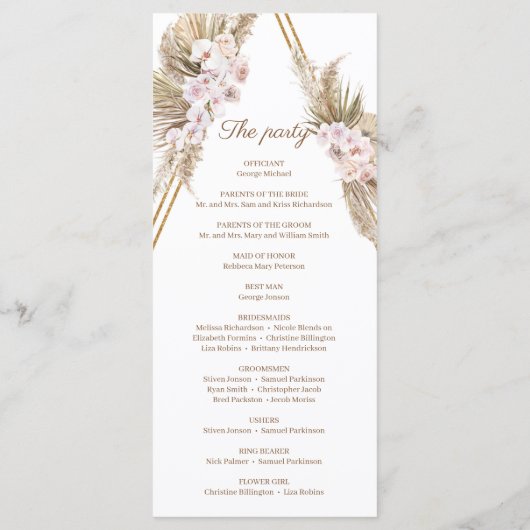 Trendy Gedroogde Palm Pampas Gras Gouden Boog Trop Programmakaart (Achterkant)