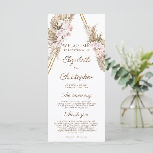 Trendy Gedroogde Palm Pampas Gras Gouden Boog Trop Programmakaart (Staand voorkant)