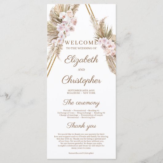 Trendy Gedroogde Palm Pampas Gras Gouden Boog Trop Programmakaart (Voorkant)