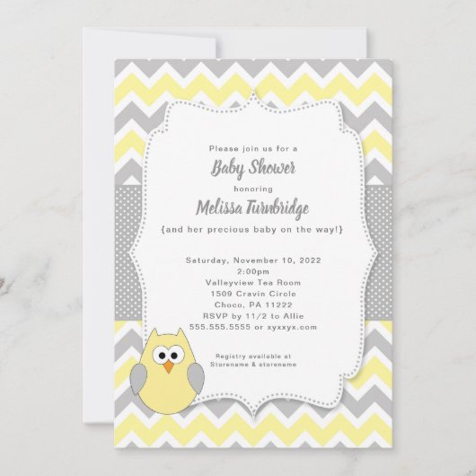 Trendy geel en grijs uil meisje Baby shower Kaart (Voorkant)