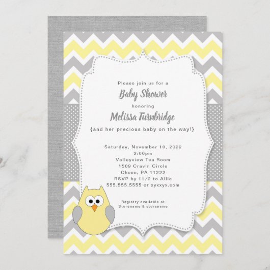 Trendy geel en grijs uil meisje Baby shower Kaart (Voorkant / Achterkant)