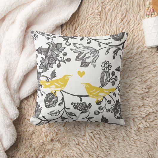 Trendy Geel Grijs en Wit Bloem Motief met Vogels Kussen (Deken)