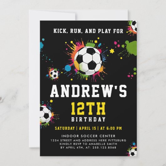 Trendy geel kleurrijke Voetbal Kind Party Kaart (Voorkant)