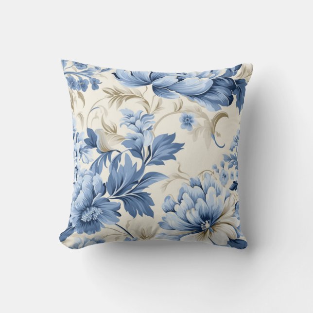 Trendy  geïnspireerd blauw bloemmotief kussen (Voorkant)
