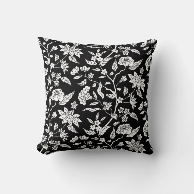 Trendy  geïnspireerde zwarte bloemmotief kussen (Voorkant)