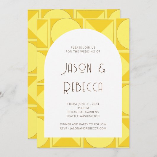 Trendy gele retro geometrisch alles in één bruilof kaart (Voorkant / Achterkant)