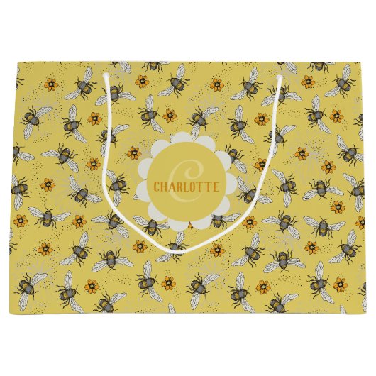 Trendy gele zoemende lente & zomer honingbij groot cadeauzakje (Voorkant)