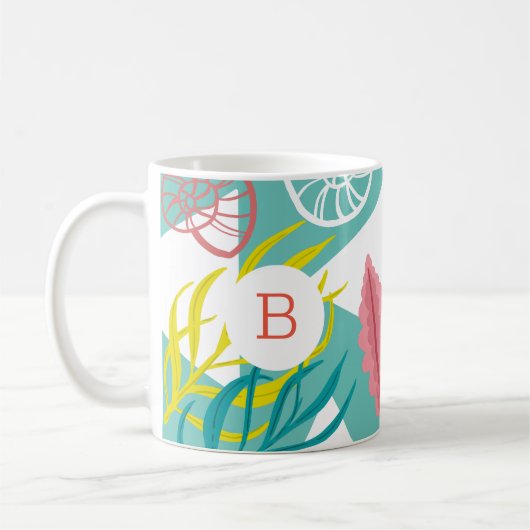 Trendy Geo Nautical Seashells Seaweed | Monogram Koffiemok (Links)