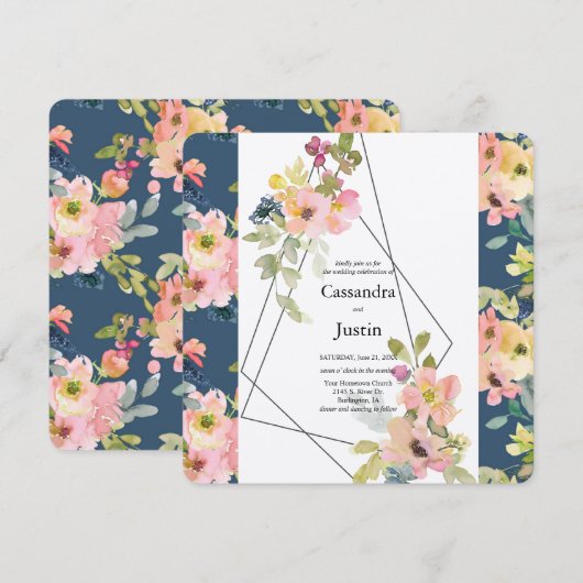 Trendy Geometric Floral Wedding Kaart (Voorkant / Achterkant)