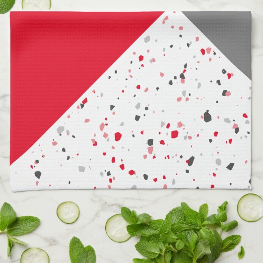 Trendy Geometric Red en Grey Terrazzo Theedoek (Gevouwen)