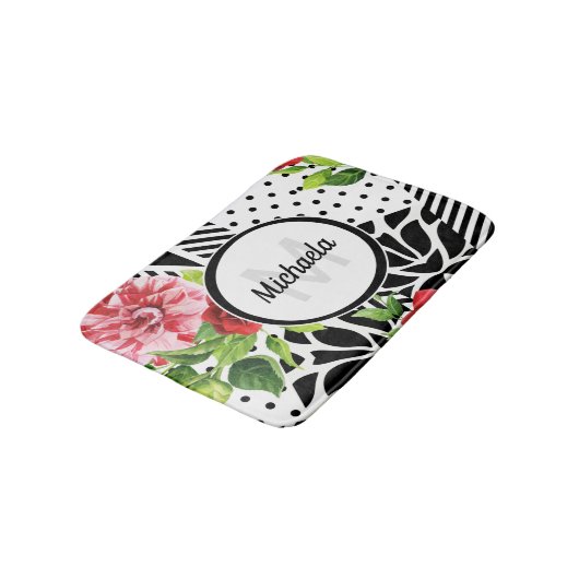 Trendy Geometric Stripe Pattern Red Foral Monogram Badmat (Gekanteld)