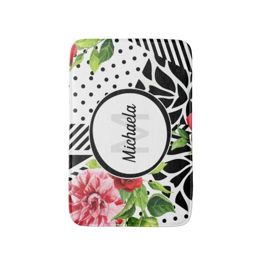 Trendy Geometric Stripe Pattern Red Foral Monogram Badmat (Voorkant Verticaal)