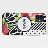 Trendy Geometric Stripe Pattern Red Foral Monogram Case-Mate iPhone Case (Achterkant (horizontaal))
