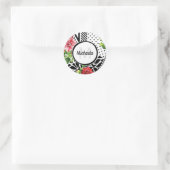 Trendy Geometric Stripe Pattern Red Foral Monogram Ronde Sticker (Tas)