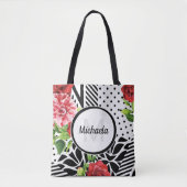 Trendy Geometric Stripe Pattern Red Foral Monogram Tote Bag (Voorkant)