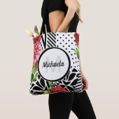 Trendy Geometric Stripe Pattern Red Foral Monogram Tote Bag (Dichtbij)