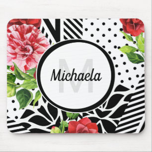 Trendy geometrisch streeppatroon Rood bloemmotief  Muismat