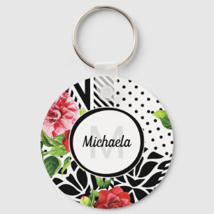 Trendy geometrisch streeppatroon Rood bloemmotief Sleutelhanger