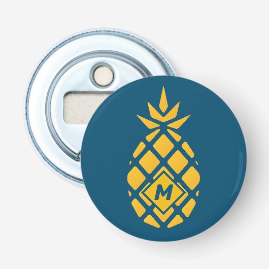 Trendy geometrische ananas blauwe monogram button flesopener (Voorkant)