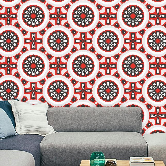 Trendy geometrische medaillon motieven rood zwart  behang (Creator heeft geüpload)