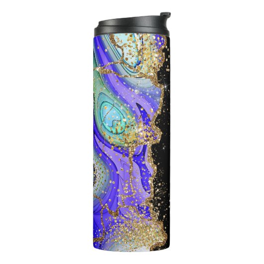 Trendy gepersonaliseerde blauwe gouden agaat gemar thermosbeker (Gedraaid links)