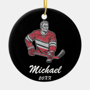 Trendy gepersonaliseerde hockey speler naam keramisch ornament
