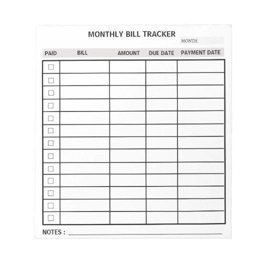 Trendy gepersonaliseerde maandelijkse Bill Tracker Notitieblok (Voorkant)