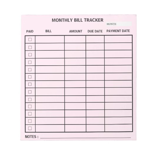 Trendy gepersonaliseerde maandelijkse Bill Tracker Notitieblok (Voorkant)