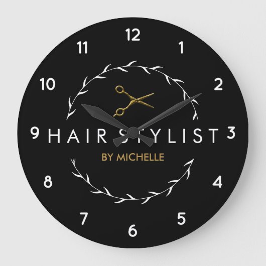 Trendy gepersonaliseerde Modern zwart goud Haarsty Grote Klok (Voorkant)