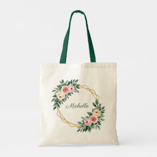 Trendy gepersonaliseerde naam Botanical Gold Green Tote Bag