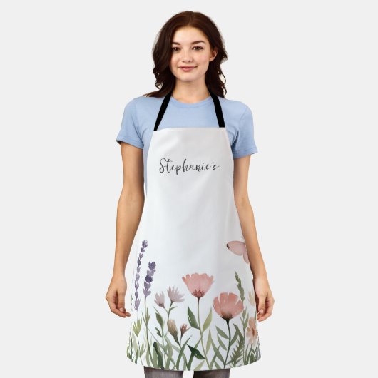 Trendy gepersonaliseerde naam Waterverf Wildflower Schort (Gedragen)