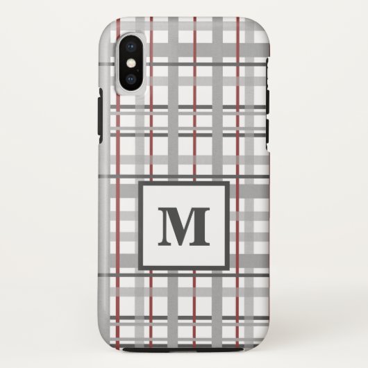 Trendy geruite grijs zilver rood monogram Case-Mate iPhone case (Achterkant)