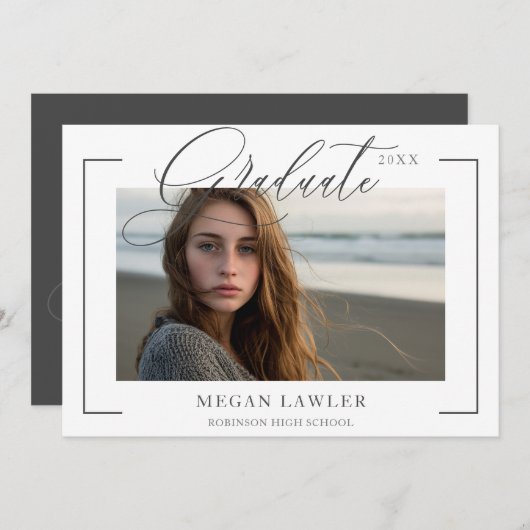Trendy gescriptte afstudeerfeest uitnodiging foto  (Voorkant / Achterkant)