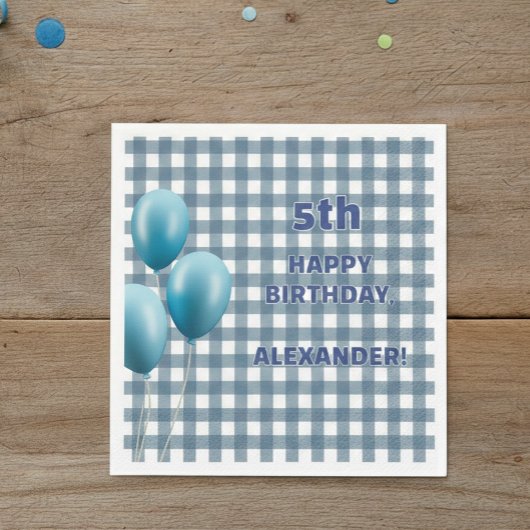 Trendy Gingham Blue 5th Birthday Personalized Servet
