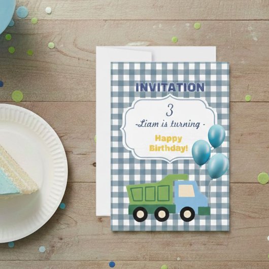 Trendy Gingham Blue Construction 3rd Birthday  Kaart