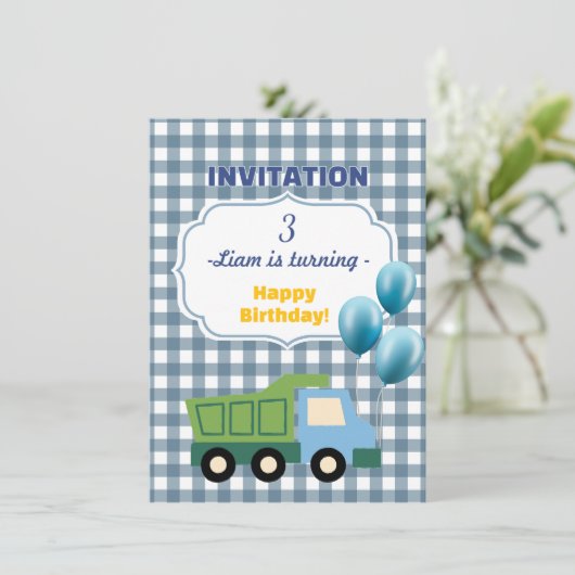 Trendy Gingham Blue Construction 3rd Birthday Kaart (Staand voorkant)