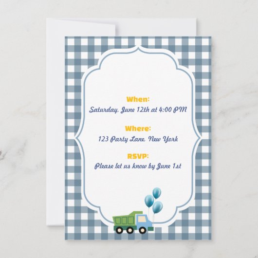 Trendy Gingham Blue Construction 3rd Birthday  Kaart (Achterkant)