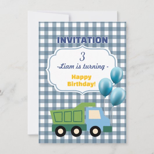Trendy Gingham Blue Construction 3rd Birthday  Kaart (Voorkant)