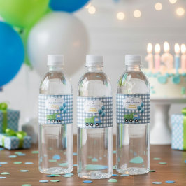 Trendy Gingham Blue Construction 3rd Birthday  Waterfles Etiket