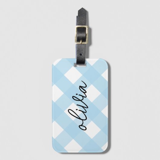 Trendy Gingham Check Blue Bagagelabel (Voorkant (verticaal))
