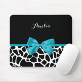 Trendy Giraffe Animal Print Turquoise Bow and Name Muismat (Met muis)