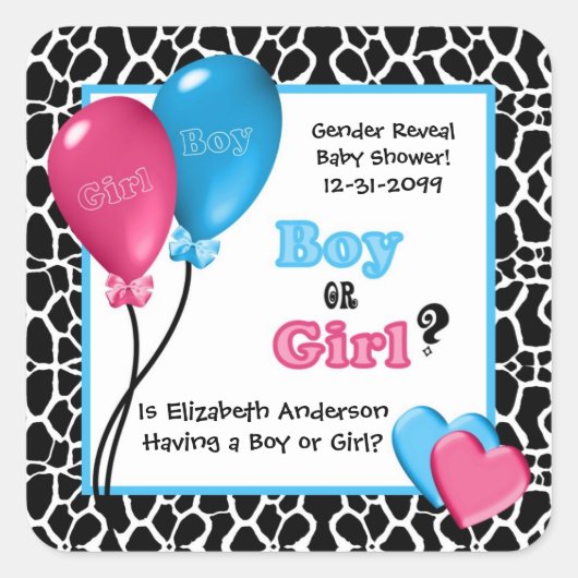 Trendy Giraffe Print Gender onthult Baby shower Vierkante Sticker (Voorkant)