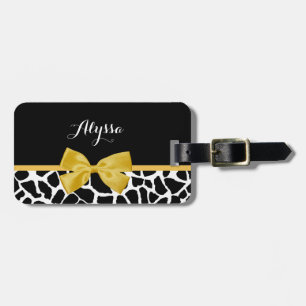 Trendy Giraffe print Golden Yellow Bow met naam Bagagelabel