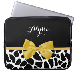Trendy Giraffe print Golden Yellow Bow met naam Laptop Sleeve